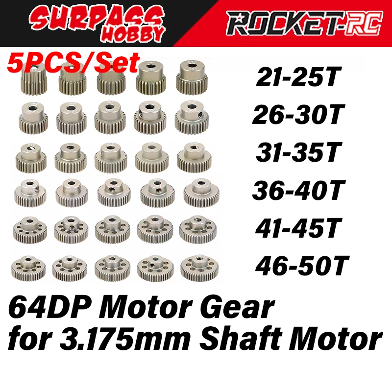 

Surpass Hobby 5PCS 64DP Motor Gear Metal Pinion for 1/10 1/12 1/8 Rc Car 3.175mm Shaft Motor Plane Boat Buggy Off Road Truck 540