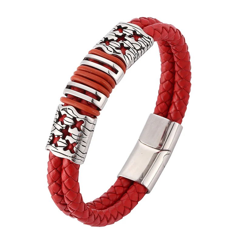 Moda vermelho duplo trançado couro cordão pulseira masculina jóias de aço inoxidável ímã fecho pulseira masculino mão presente sp0112