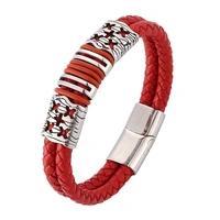 trendy red double braided leather cord bracelet men jewelry stainless steel magnet clasp bangle male hand wristband gift sp0112