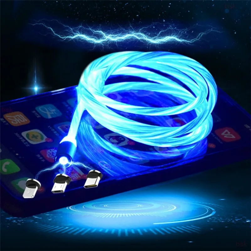 

NEW 1PC 1m Magnetic charging Mobile Phone Cable USB Type C Flow Luminous Lighting Data Wire for Samsung Huawei LED Micro Kable