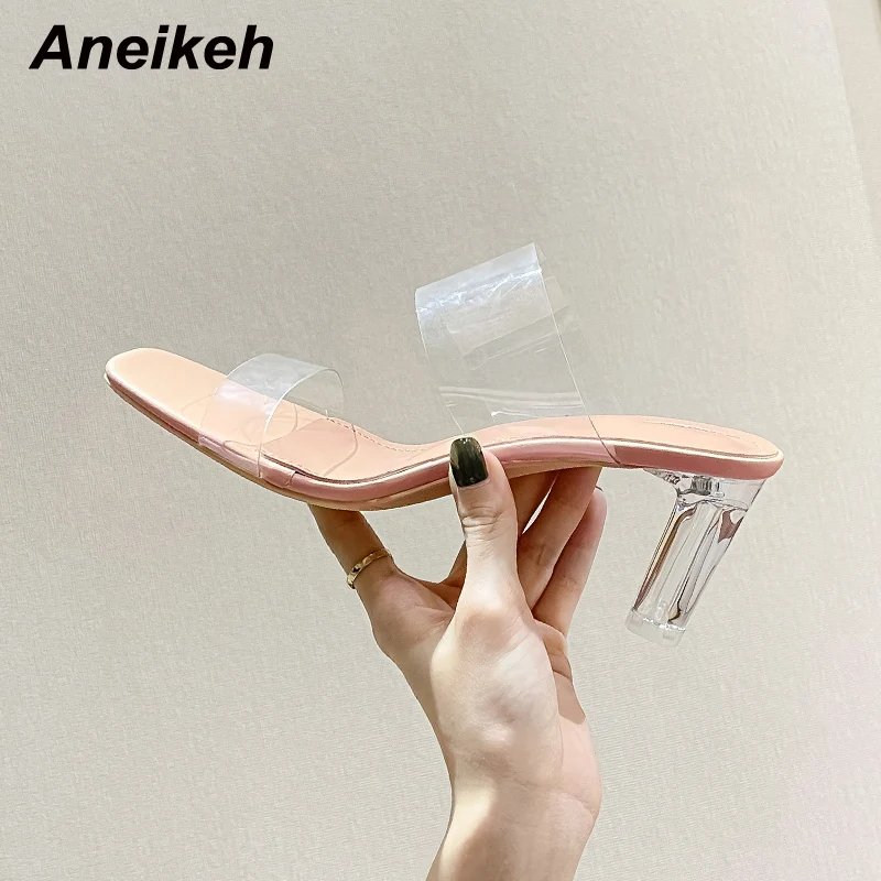 

Сандалии Aneikeh из ПВХ на среднем каблуке с открытым носком, Модные прозрачные босоножки в римском стиле, лаконичные женские мюли на квадратно...