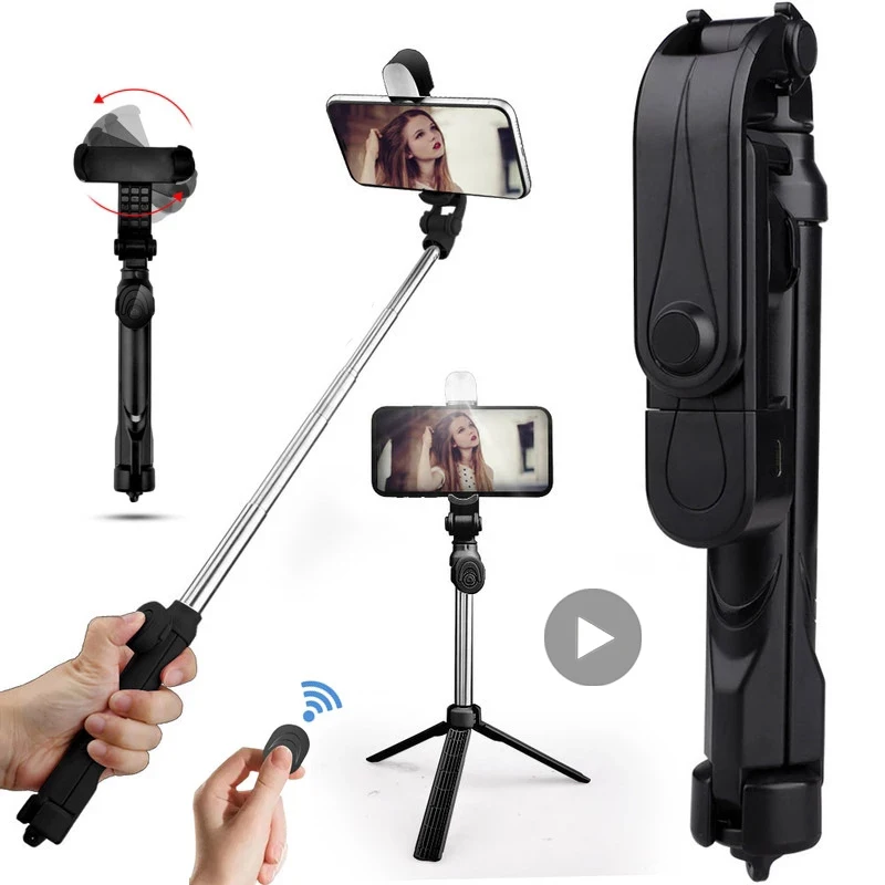 Mobile Phone Stand Holder Selfie Stick With Tripod For iPhone Android Pole Smartphone Bluetooth Button Monopod LED Light Grip