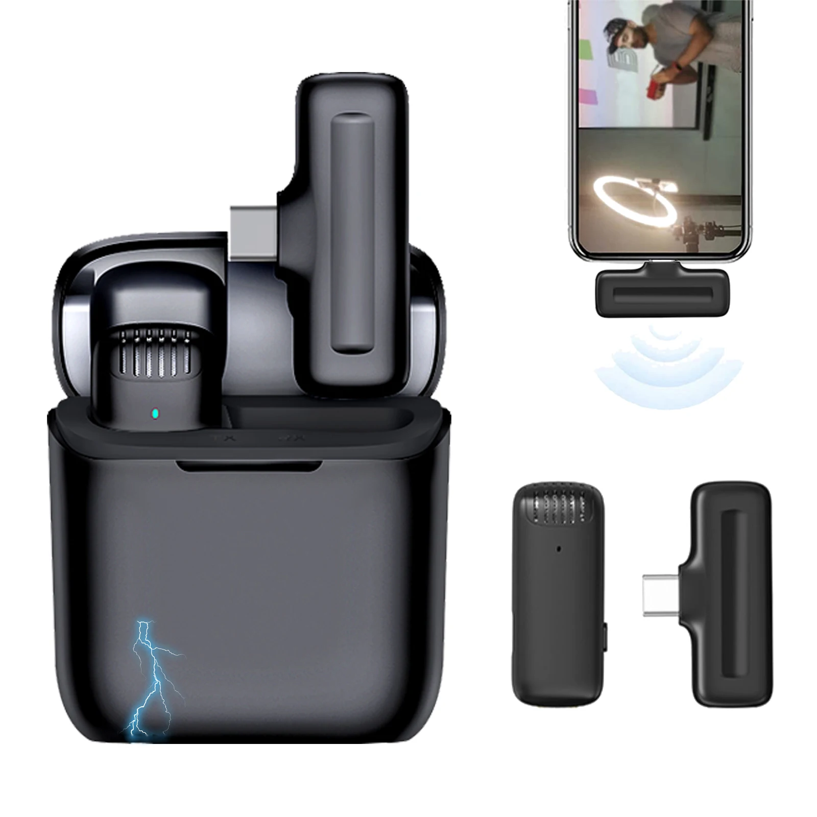 

Беспроводной петличный микрофон, портативный двухканальный, для прямой трансляции, с зарядным боксом, для IPhone, Android