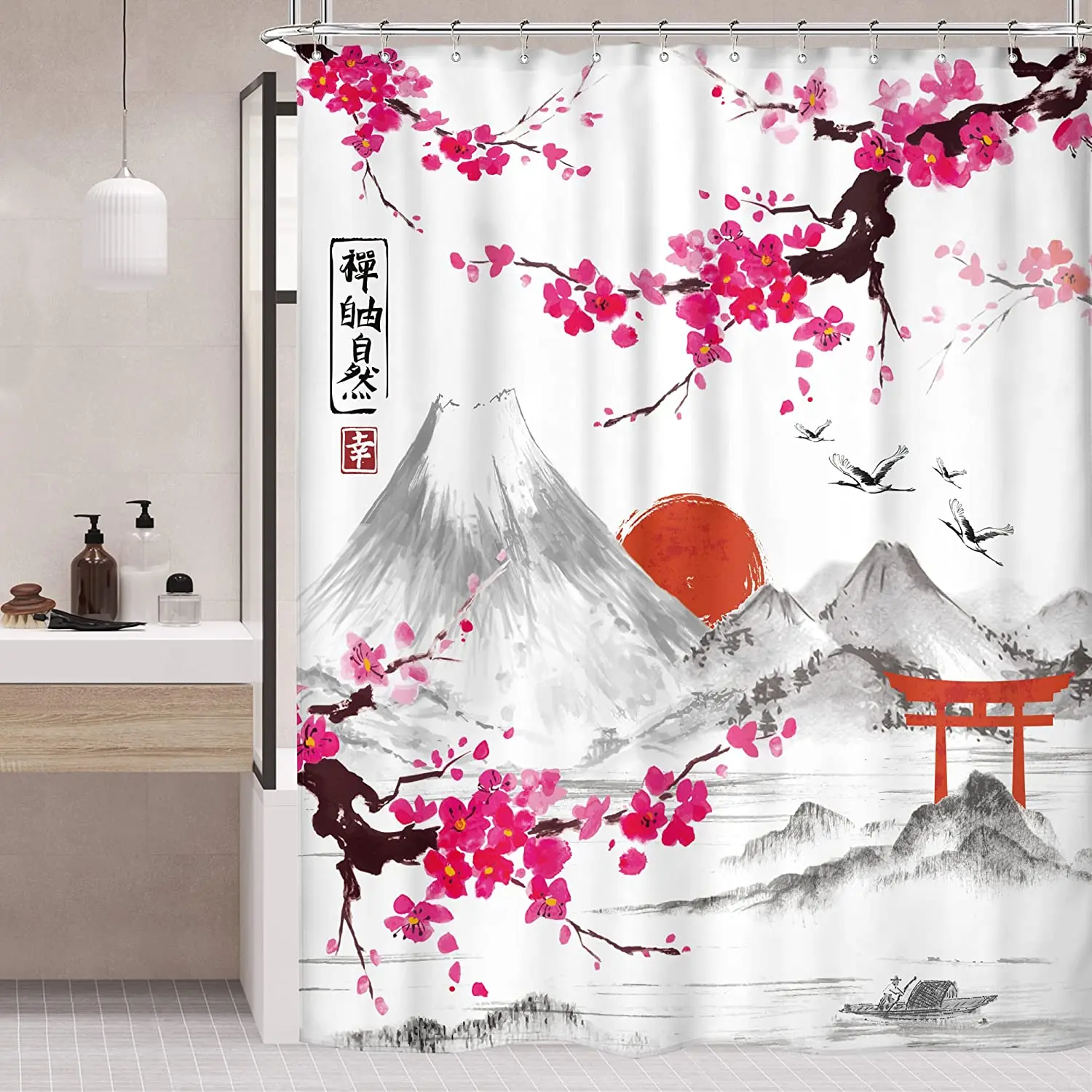 

Japanese Cherry Blossom Shower Curtain Asian Mountain Fuji Plum Sun River Spring Ink Painting 12 Hooks Decor Fabric Bathroom