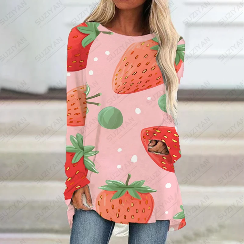 

Women's Spring and Autumn Long -sleeved Dress Loose Casual Dress Strawberry 3D Printed Dress Street Popular Dress Clothing