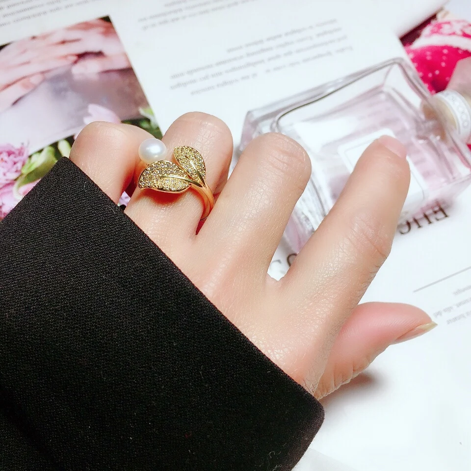 

Роскошное женское кольцо с жемчугом из циркония, позолоченное двойным листом 18 карат, кольцо из нержавеющей стали, Корейская версия, кольца ...