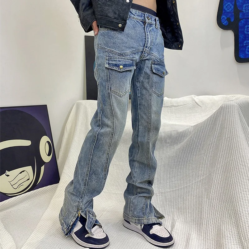 Mens Jeans High Street Zipper Hiphop Slim Retro Light Blue Denim Pants Men and Women Trend Full Length Trousers