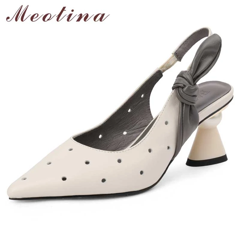 Meotina Women Genuine Leather Pointed Toe Slingbacks Pumps Cut Out Strange Style Bow Heels Ladies Fashion Shoes Beige Black 42