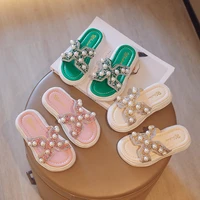 girls slippers 2022 summer fashion new kids pearls pu rhinestone non slip open toe slippers children soft beautiful sandals