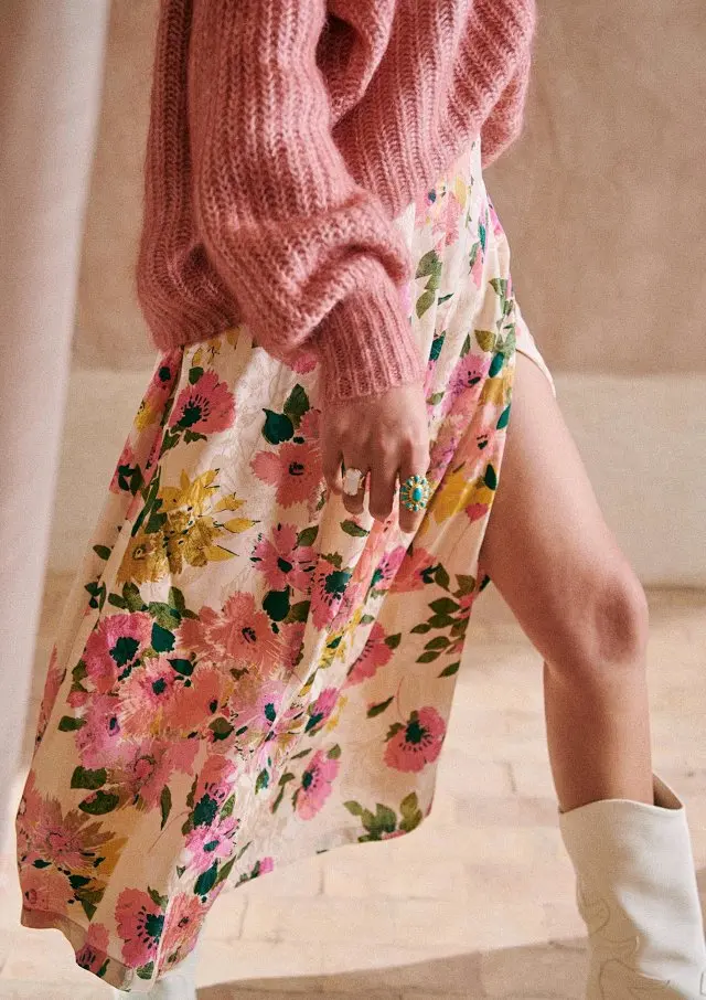 

Women Midi Skirt Split Pleated Floral Vintage Skirt