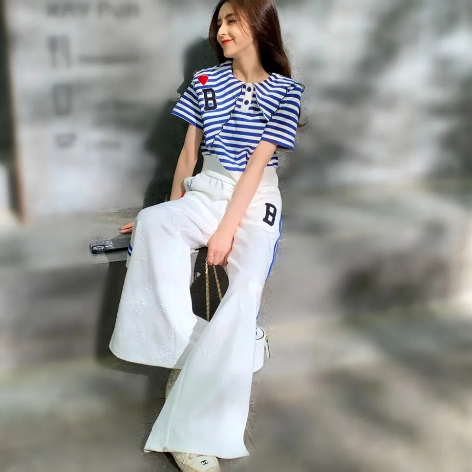 

Spring Summer 2 Pieces Set Women's Stripped Embroidery Short Tees And Open Leg Loose Long Pants Suit Casual Tracksuit NS571