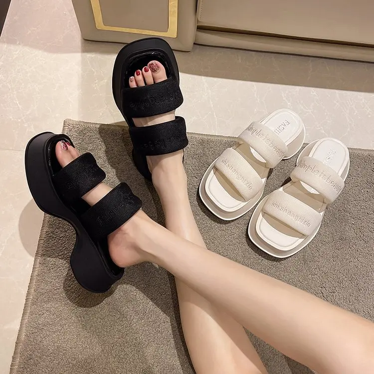 

2023 summer thick-soled open-toed one-word sandals and slippers heightening sandals