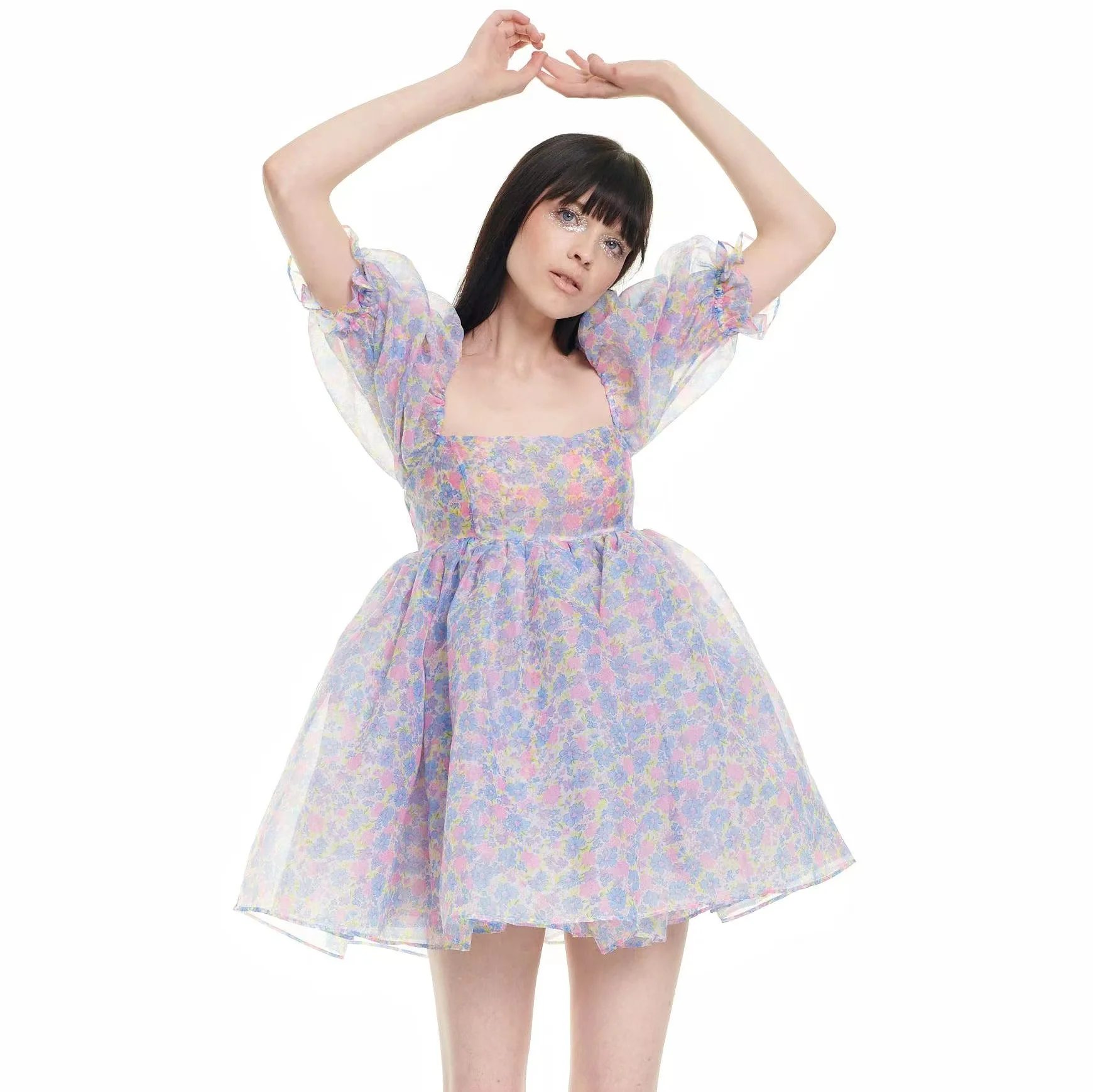 

2022 Summer Women Printed Square Neck Doll Bubble Sleeve Mesh Party Dresses Mujer Vestido