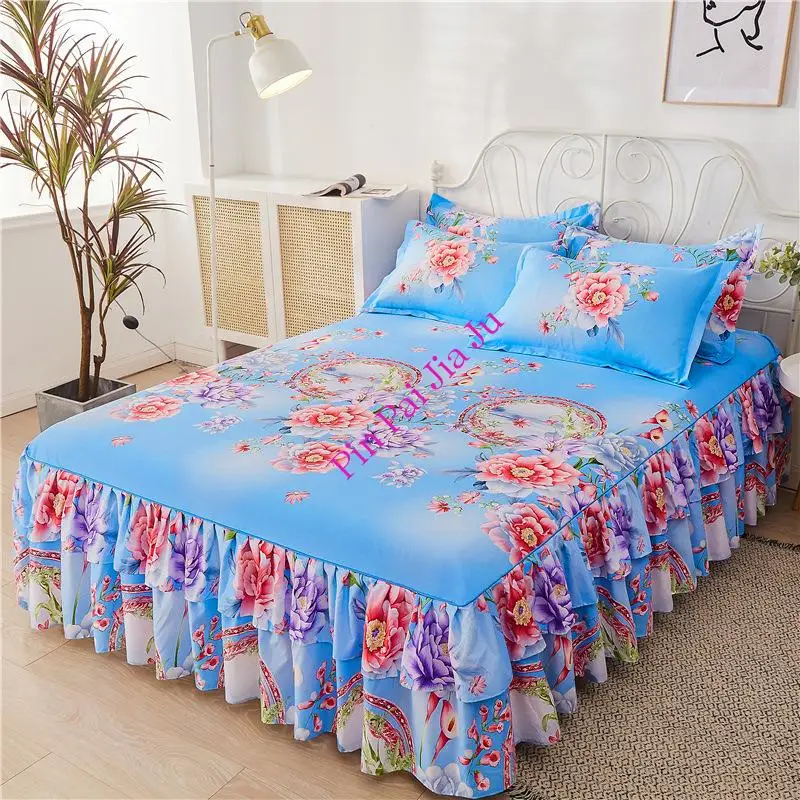 

New 3Pcs Bedding Bed Skirt with 2Pcs Pillowcases Wedding Bedspread Bed Sheet Mattress Cover Full Twin Queen King Size Bedsheets