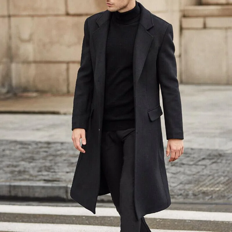 

Осенне-зимнее мужское шерстяное пальто, однотонные шерстяные куртки с длинным рукавом, флисовое мужское пальто, уличная мода, длинный тренчкот, верхняя одежда