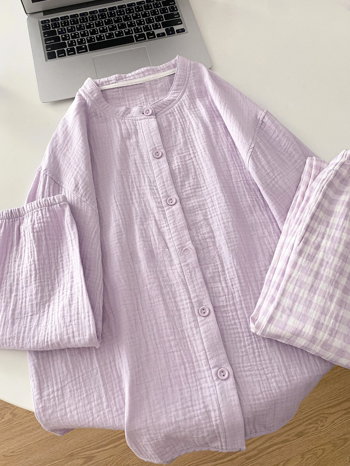 Японская мода клетчатая пижама без принтов весенне-осенняя из чистого хлопка