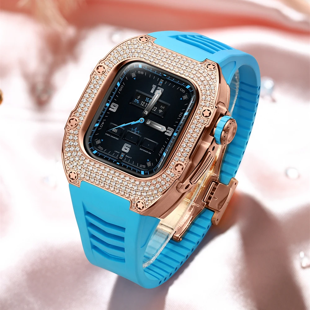 

40mm 41mm Luxury Diamond Case For Apple Watch Band Series 8 7 6 5 SE Fluororubber Rubber Strap For iWatch 40 41 Modification Kit