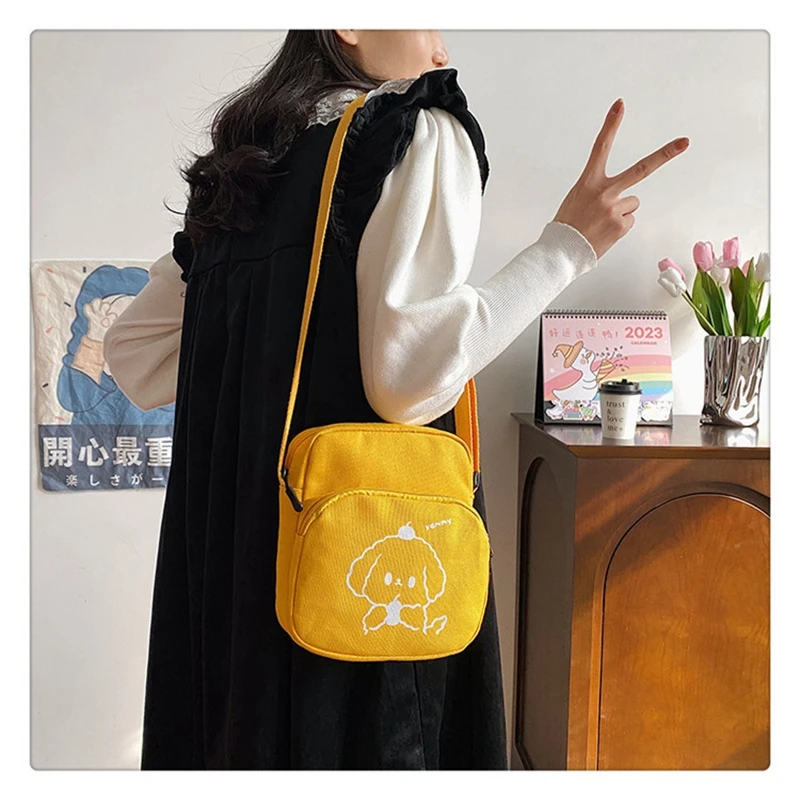 Cute Student Canvas Small Bag Girl Crossbody Bag Fashion Simple Messenger Tote Bag Zipper Cloth Fabric Mobile Phone Bag