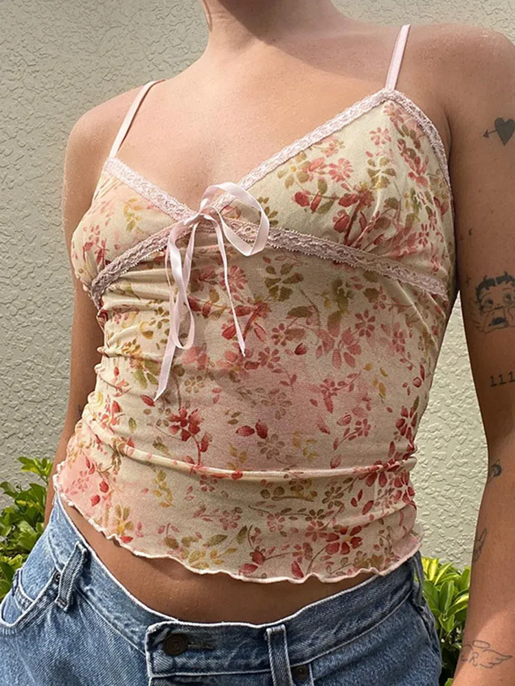 

Lace Crop Top Women Y2K Beach Bow Camis Floral Print Sexy Tank Summer 2022 Vintage Fairy Grunge Aesthetic Tops Club Clothing New