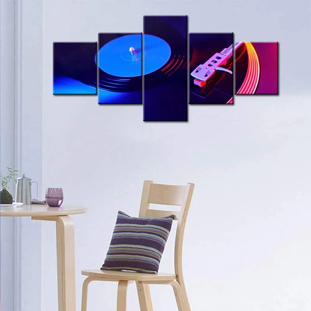 5Pcs Turntable Vinyl Record Player The Bright Disco Lights DJ Music Party Gift Canvas Paintings Modern Pictures Poster 5 Panel