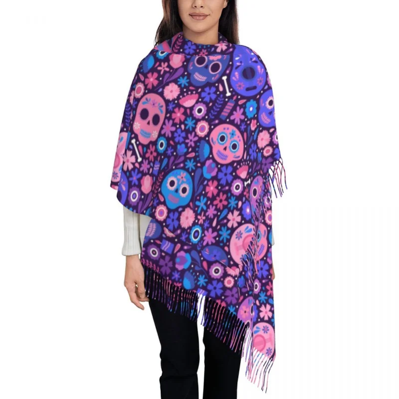 

Fashion Day Of The Dead Tassel Scarf Women Winter Warm Shawl Wrap Female Mexican Sugar Skull Scarves