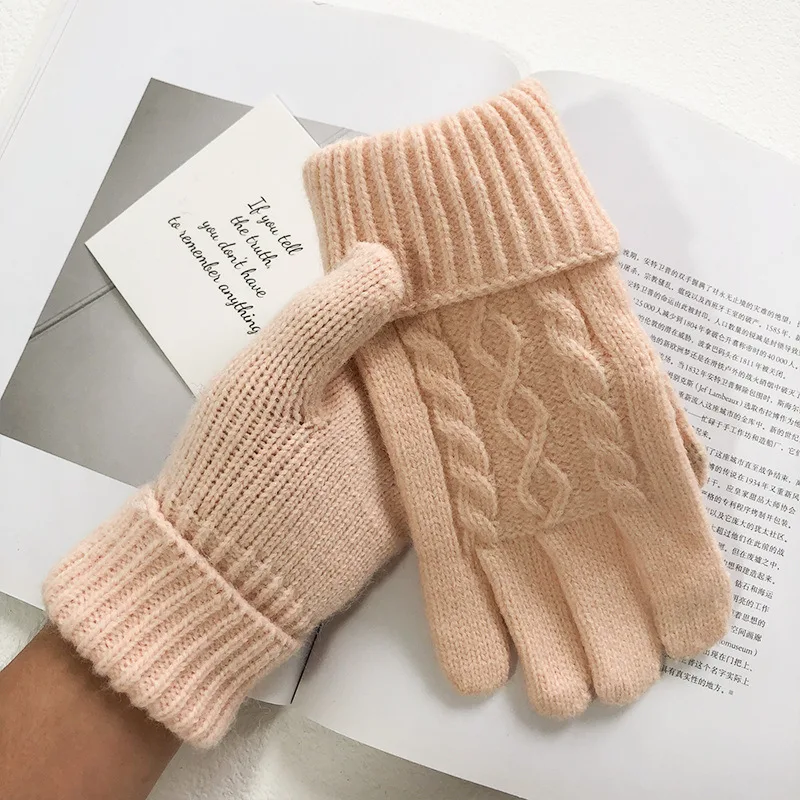 

Men Pure Color Twist Knitted Windproof Glove Women Warm Winter Plus Velvet Stretch Wool Full Finger Touch Screen Riding Mitten