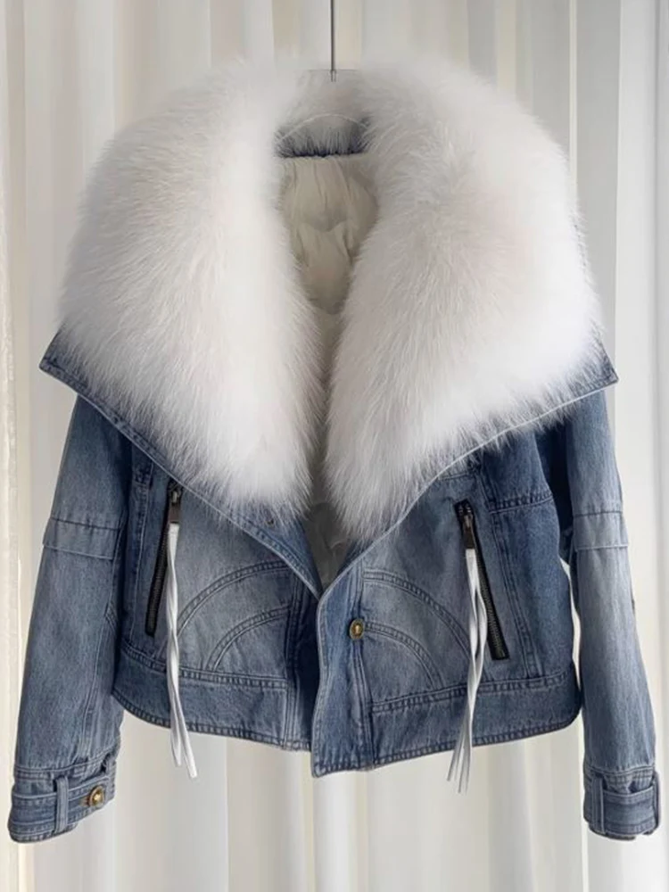

Temperament Fox Fur Large Collar Denim Down Jacket Casual Warm Short Jacket 2023 Winter New Fashionable Women'S Clothing