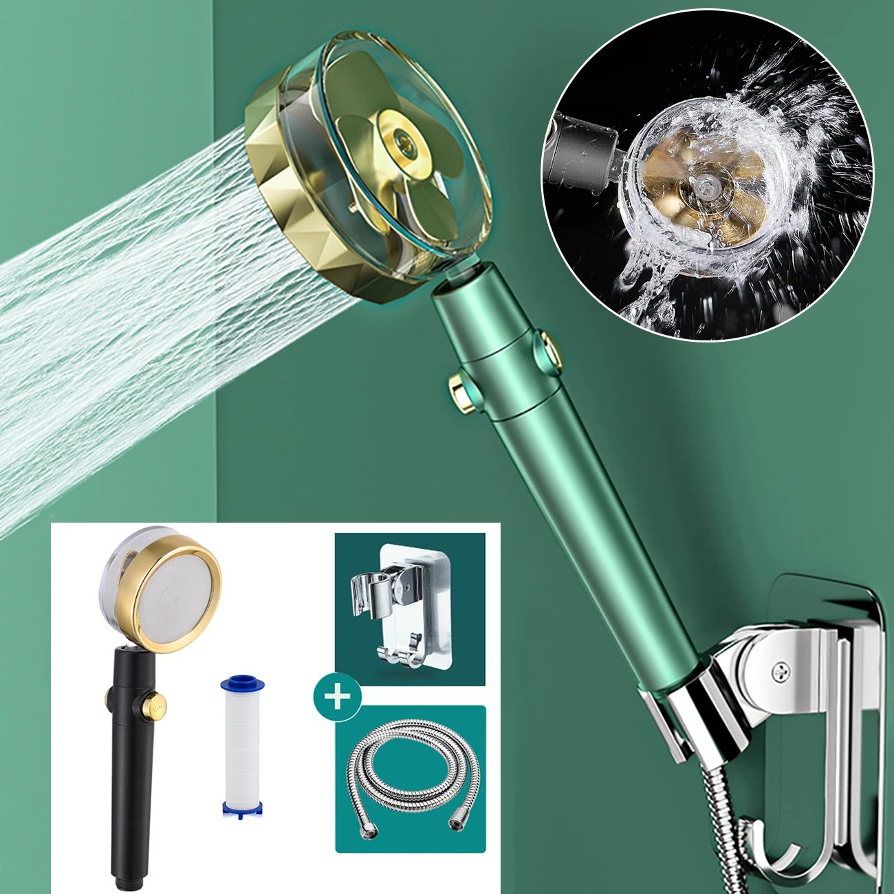 

360 Degree Rotating Shower Set Water Saving Handheld High Pressure Showerhead with Holder and Hose Turbocharged Shower Head