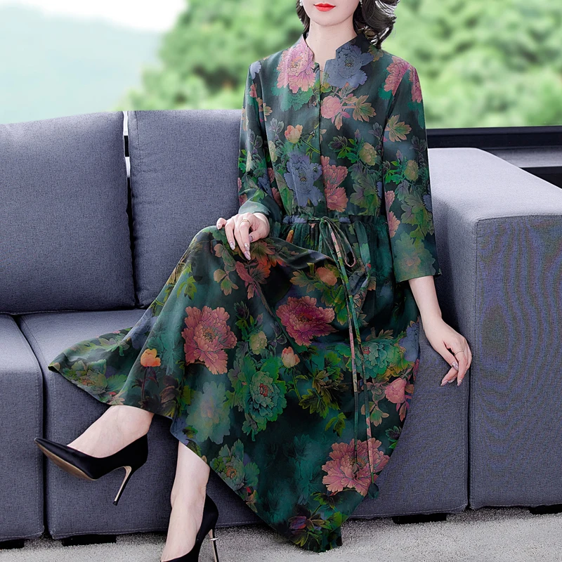 

Spring 2022 New High-End Loose Slim Lace-Up Women's Dress Silk Long Dress With Three-Quarter Sleeves Printed Stand Collar