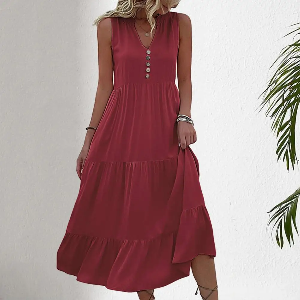 

Casual Summer Midi Dress Women Sleeveless Tank V Neck Buttons Ruffle Loose Dresses Beach Soild Sundress Fashion