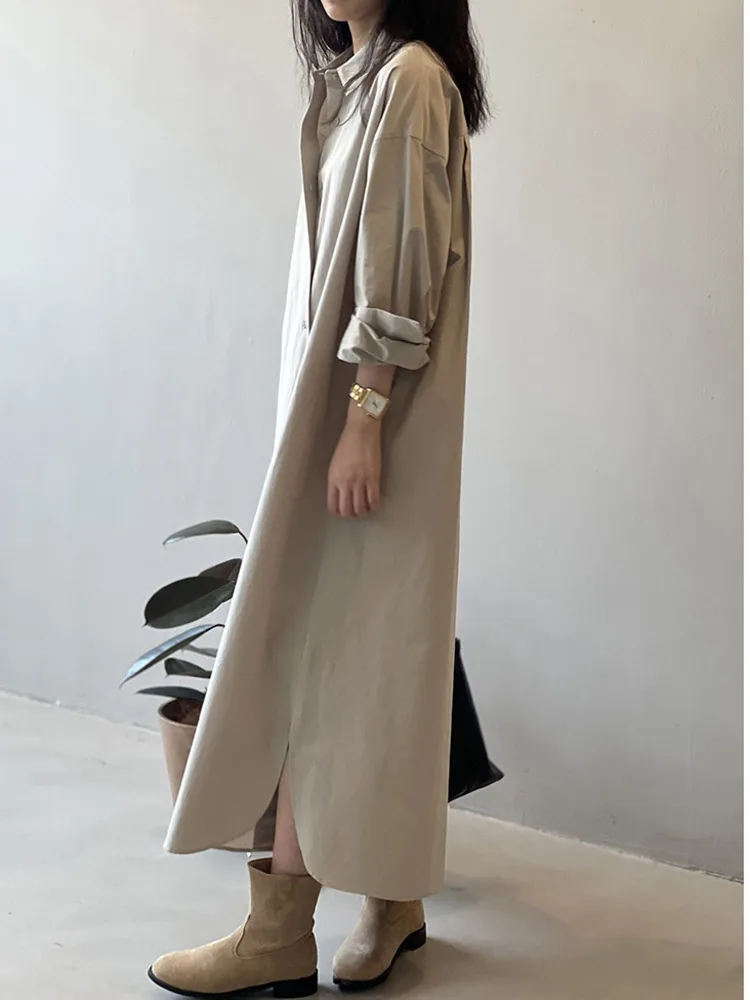 [HAIBE] Хорошее качество темпераментное длинное платье-рубашка с разрезом женское