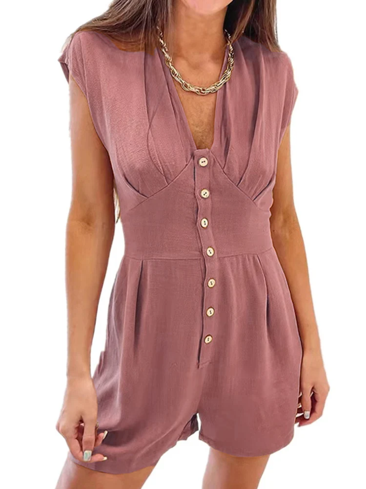 

2022 Women Summer Linen Shorts Jumpsuit Fashion Casual Button Tunic Sleeveless Playsuit Solid Casual V-neck Short Romper Clothes