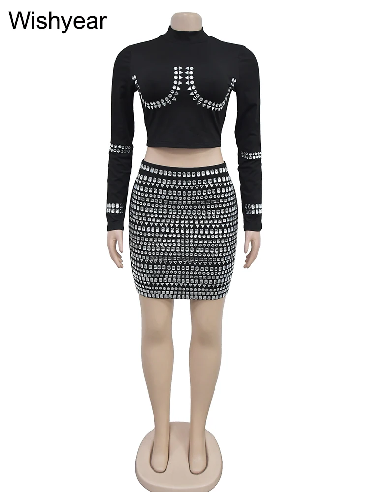 Wishyear Роскошные укороченные топы с длинными рукавами и мини-юбкой кристаллами