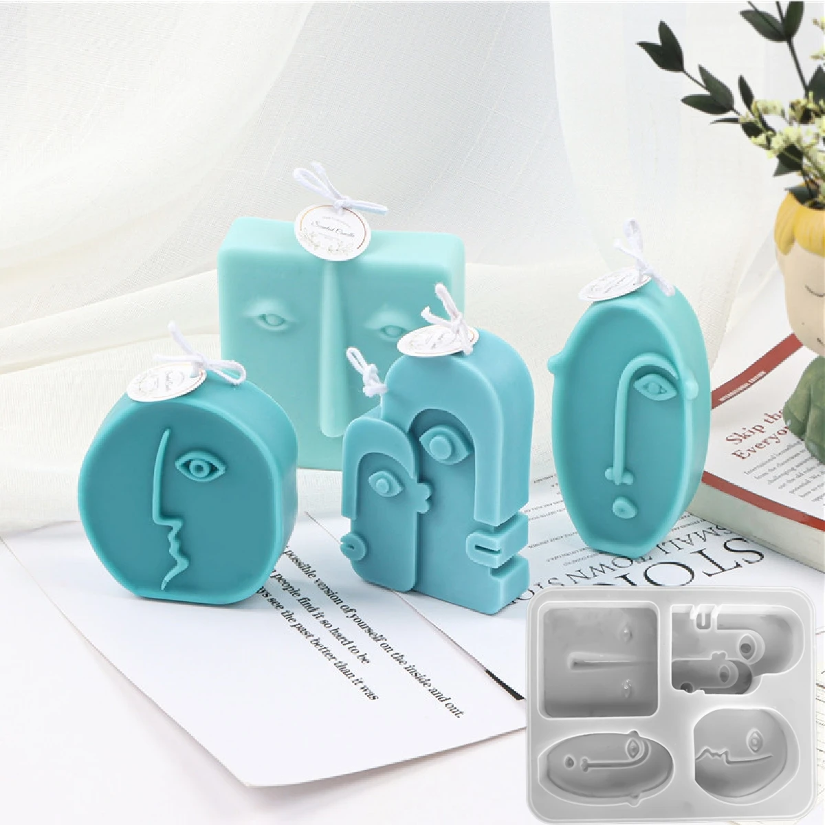 

4 Cavity 3D Nordic Design Silicone Mold Abstract Face Handmade Aromatherapy Candle Soap Ornament Making Portrait Sculpture Mould