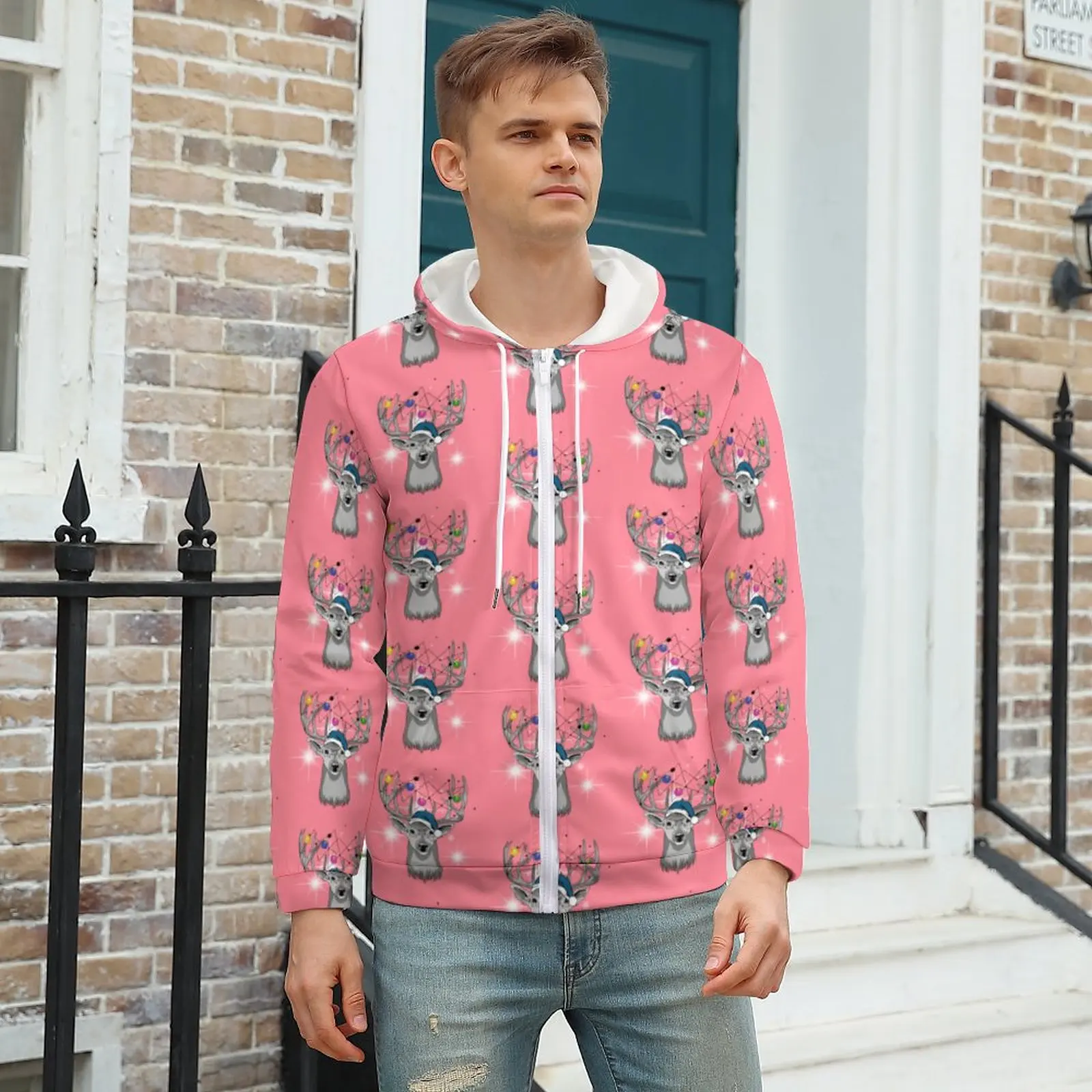 

Christmas Deer Hoodie Pink Reindeer Popular Mens Hoodies Mens Autumn Zip Up Hoodie Plus Size