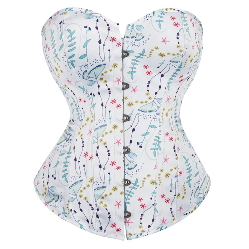 

Women Renaissance Bustier Top Vintage Colorful Floral Leaves Print Corset Lace-Up Overbust Waist Cincher Boned Hourglass Body