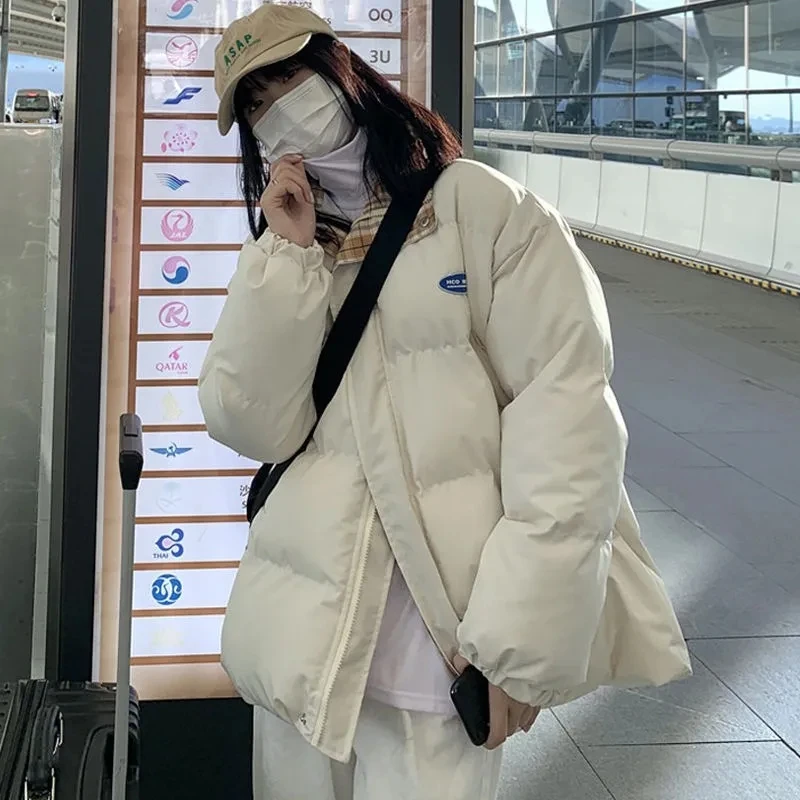 

Down Cotton Jacket Women Autumn Winter 2023 New Solid Color Stand Collar Cotton Coat Korean Style Casual Loose Parkas Womens