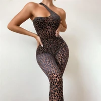2022 summer new womens sexy mesh flocking leopard print one shoulder high waist tight sports jumpsuit jump suits for women