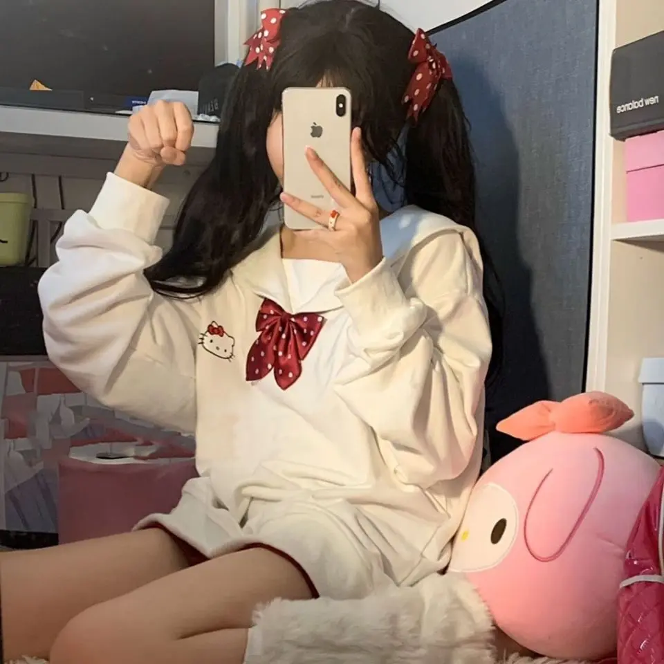 

Кавайная Толстовка Sanrio Hello Kittys, милый зимний плюшевый утепленный тёплый синий воротник, униформа Jk, ткань, свободные топы с баской, подарок д...