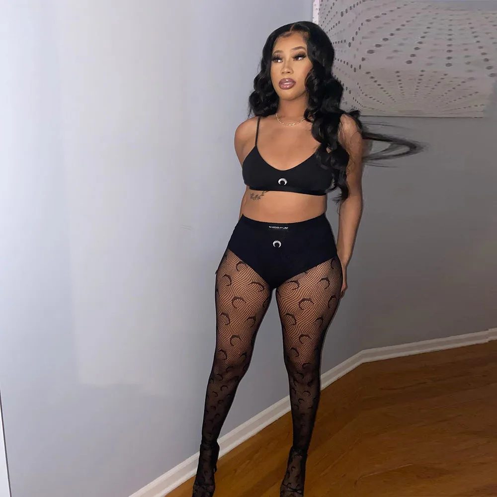 

Matching Set 2022 Summer Club Party Outfits Jogger Set Sexy See Through Women 2 Piece Set Fitness Crop Top Mesh Skinny Leggings