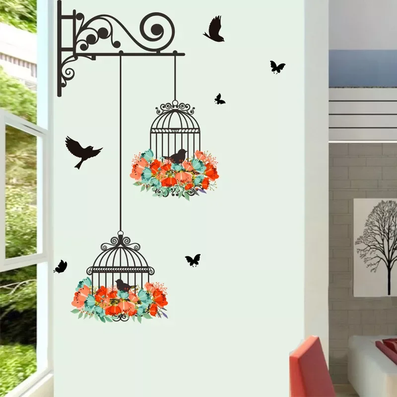 

NEW IN Colorful Flower birdcage flying birds wall sticker Creative home decor living room Decals wallpaper bedroom nursery windo