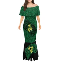 brand new womens long fishtail dress green polynesian tribal print lady party ruffle off shoulder fishtail dress couple dress