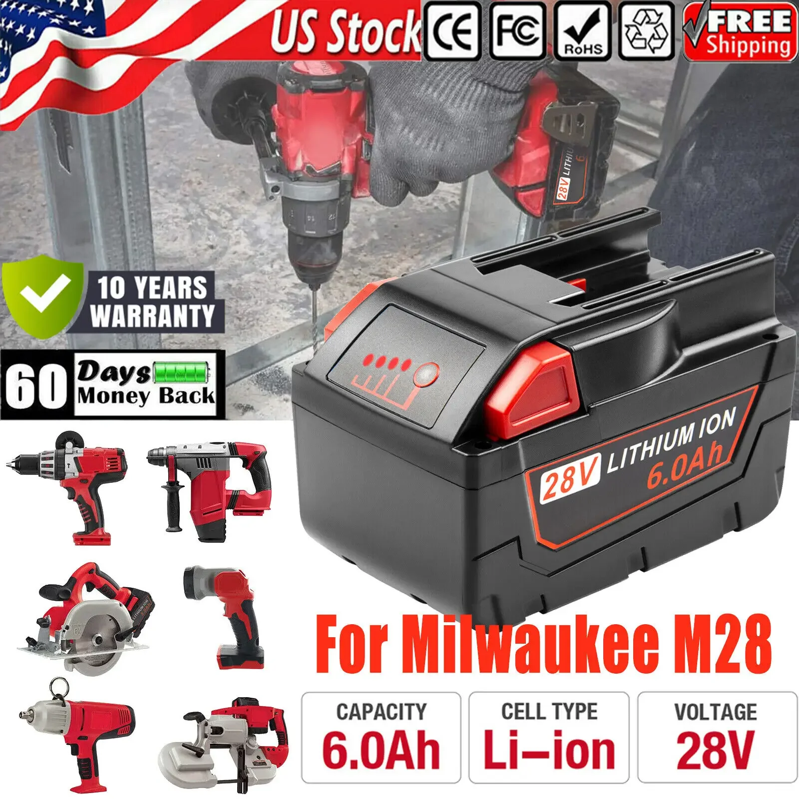 Фото Литий-ионный аккумулятор 28 В, 6,0 Ач для аккумуляторной батареи MILWAUKEE M28 V28 Power 48-11-2830, 28 В №1