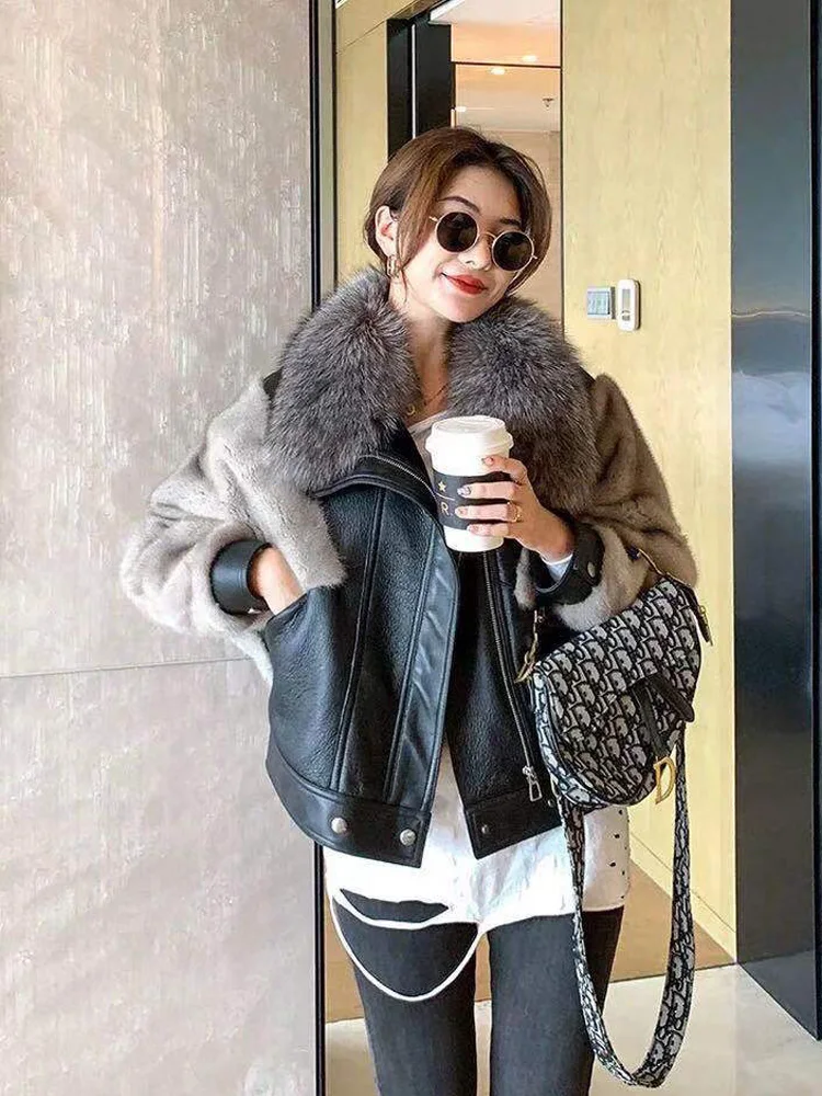 2022 New Natural Mink Fur Coats Fashion Genuine Leather Jackets Female For Women With Real Fox fur Warm Winter Short