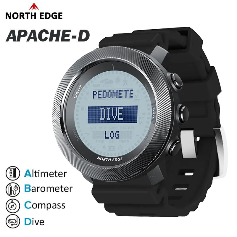 Фото Цифровые часы NORTH EDGE APACHE-D для фридайвинга, спортивные цифровые часы с альтиметром, барометром, компасом, мировым временем, водонепроницаемые до 100 м №3