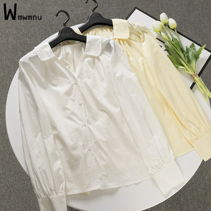 

Korean V Neck Solid Formal Shirts Office Lady Chic Elegant Long Lantern Sleeve Blouse Design Folds Basic Business Ol Work Tops