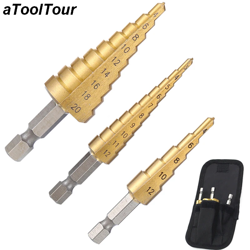 

3-12mm 4-12mm 4-20mm Hight Speed Straight Groove Step Drill Bit Hex Titanium Coated Wood Metal Hole Cutter Core Drill Bit Set