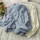 Женский трикотажный свитер с цветочной вышивкой, свободный белый кардиган с V-образным вырезом, корейский свитер в стиле ретро, весна 2021