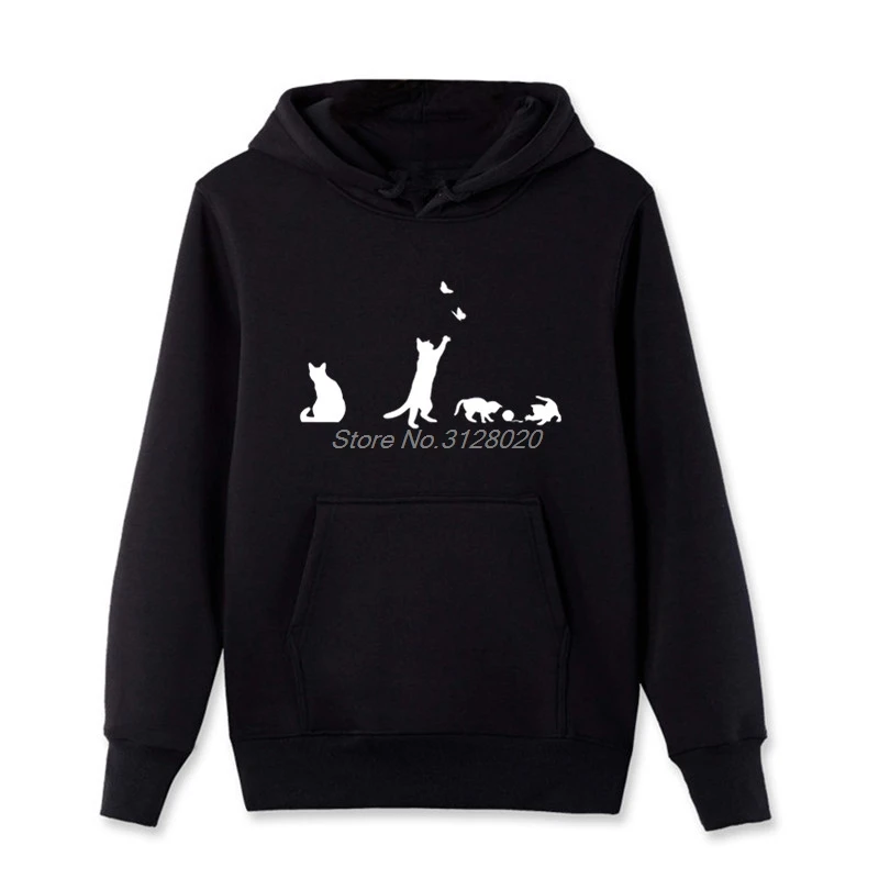

Spring autumn Men Hoody Fleece Sweatshirts Playing Cats Butterfly Cute Cats Print Hoodie Casual Male Fitness jacket Tops Unisex