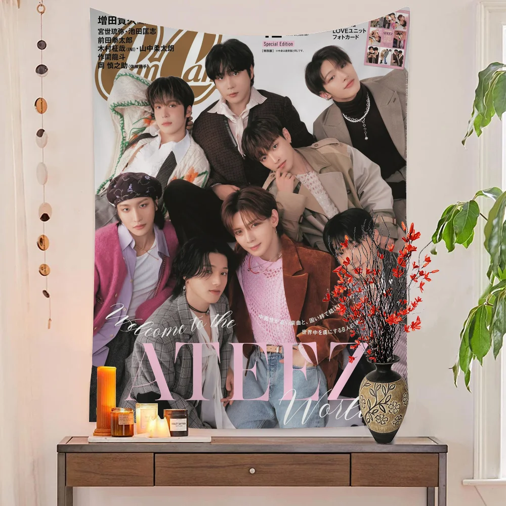 K-pop Ateez Anime Tapestry Hippie Flower Wall Carpets Dorm Decor Cheap Hanging